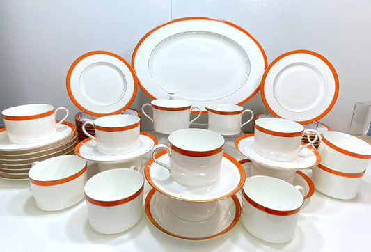 Stunning TIFFANY & CO. "Newport Orange" dinnerware for 12, gold rim, 51 pieces, Mint condition!