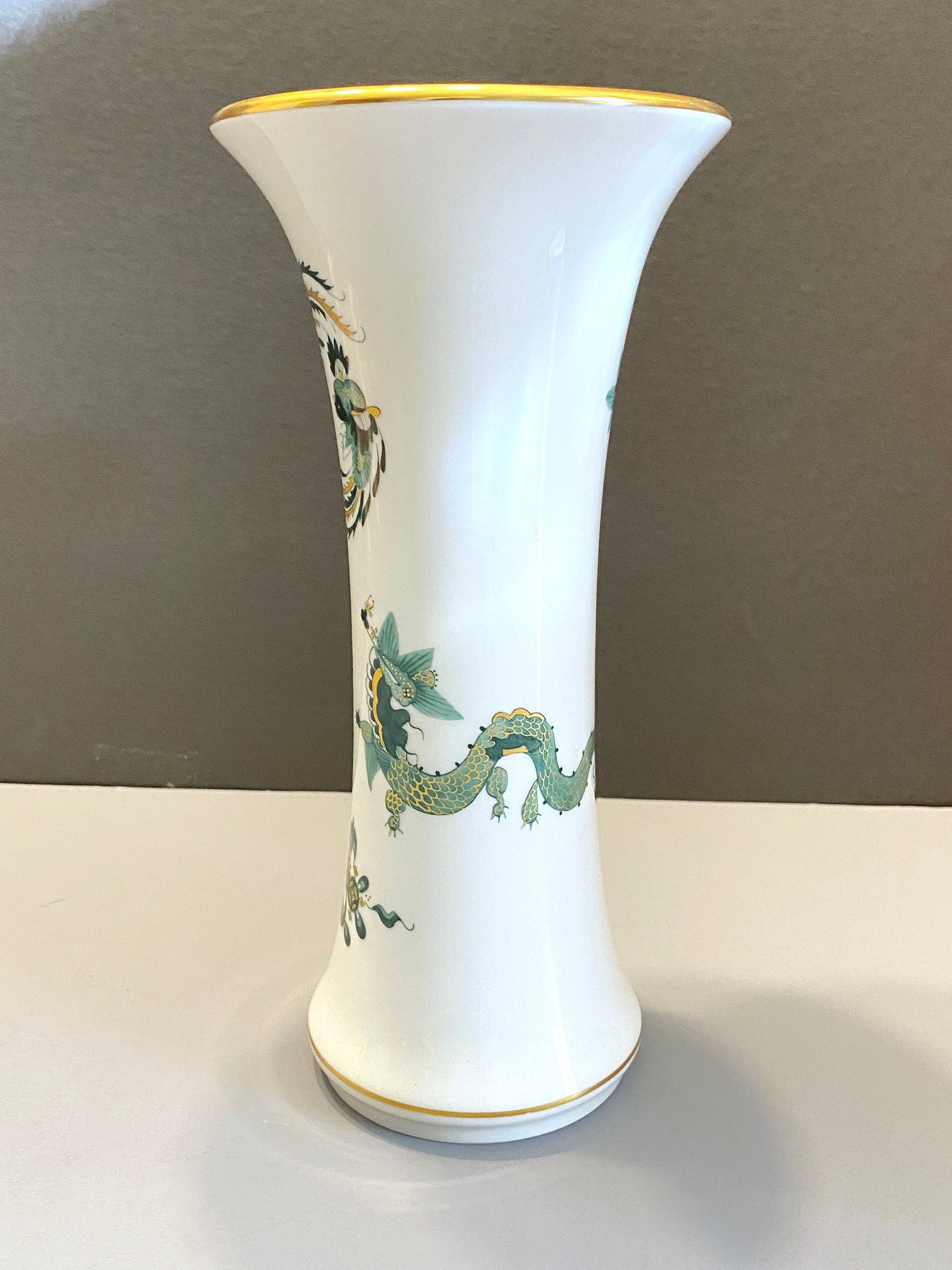 Meissen Reicher Court dragon flute vase, 10 inches high, green dragon and Phoenix motif , gold accent, made in Germany, 1st choice, mint