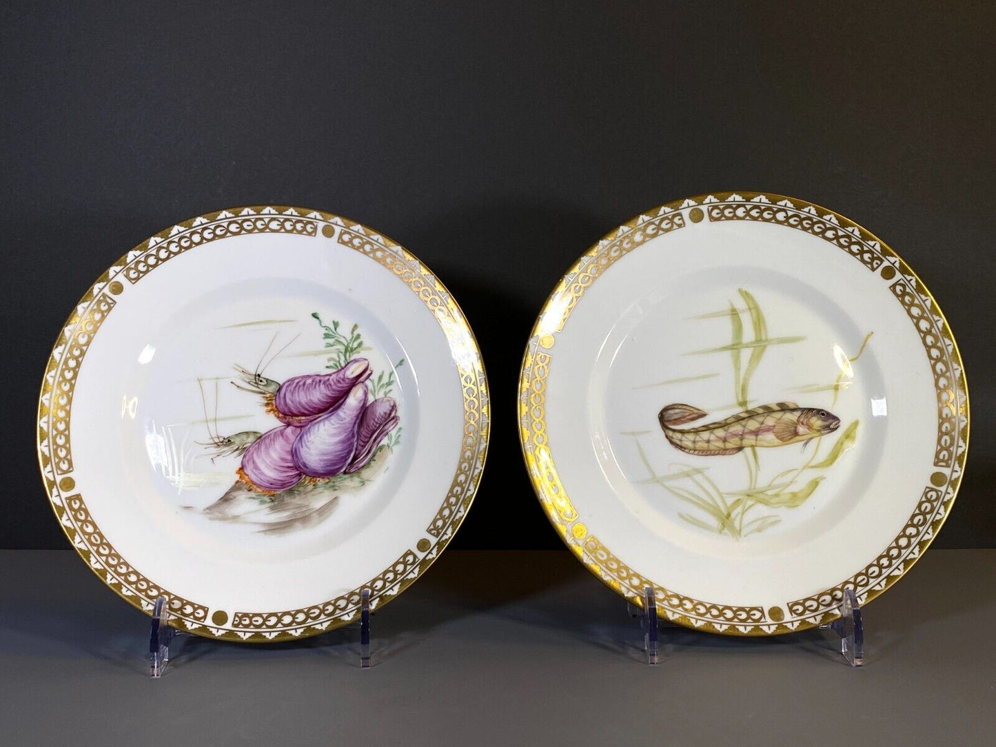 Set 8 Danish Royal Copenhagen handpainted gilt fish plates, Y 1947, rare!