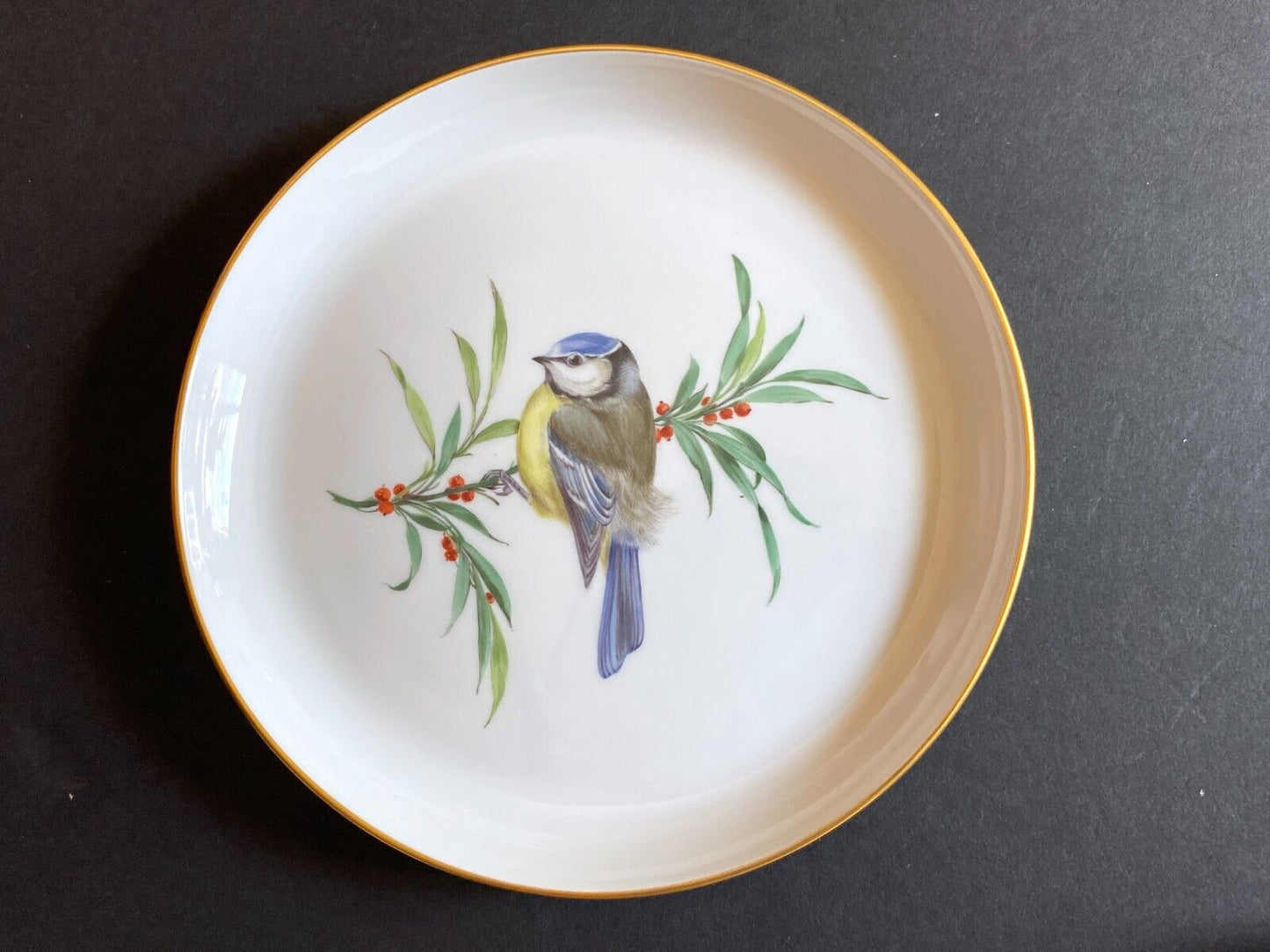 Meissen handpainted birds motif cabinet plates, set of 5, 1st choice, gold rim