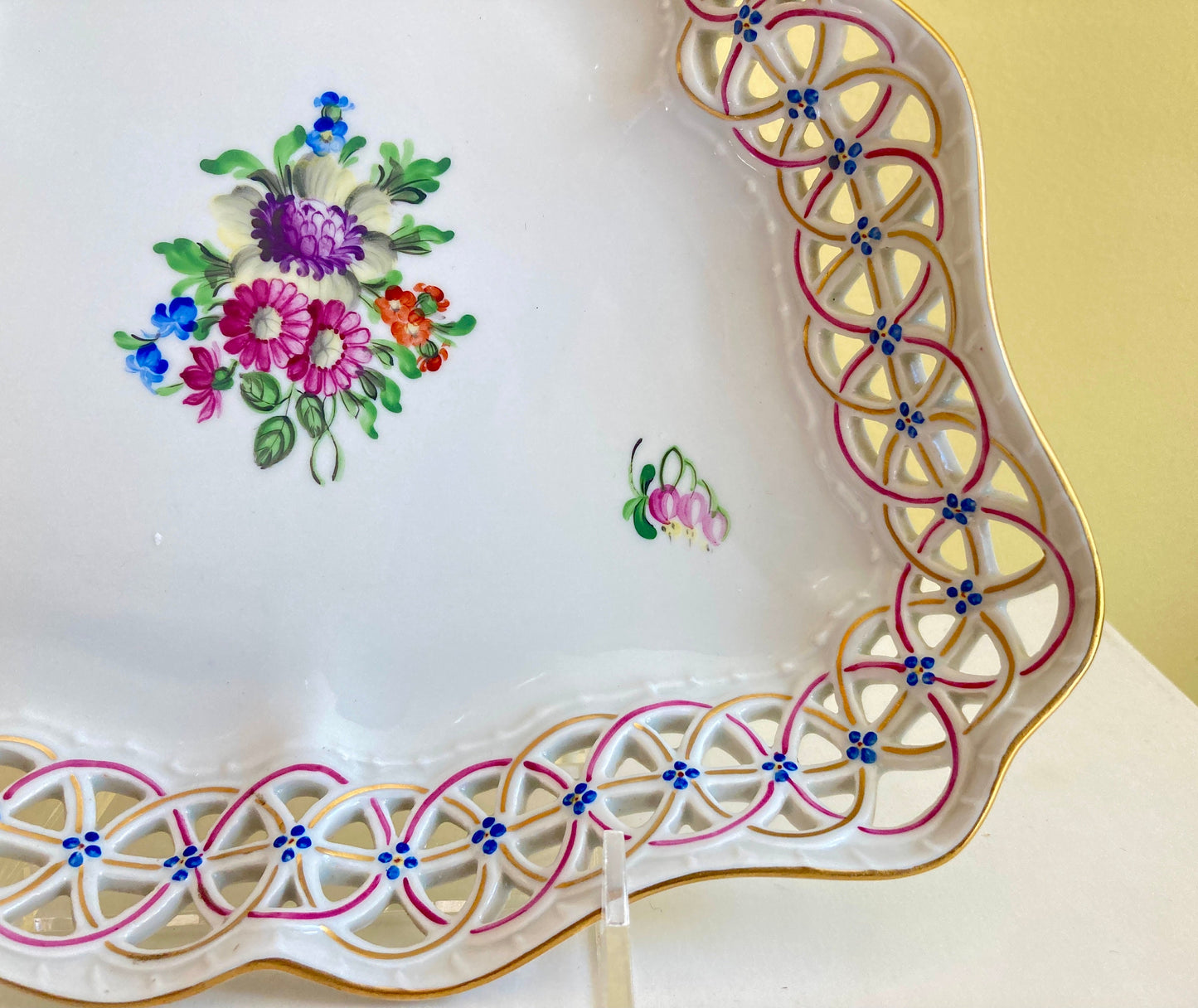 Exquisite Herend "Bouquet de Saxe" Triangular gold rimmed Openwork Basket/Dish, 1940s