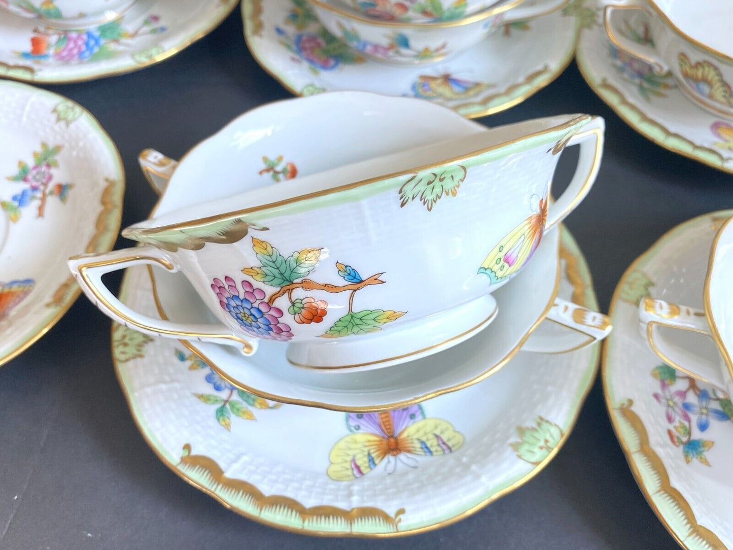 12 sets of Herend "Queen Victoria" bouillon soup bowl & Saucer, #743 VBO, mint