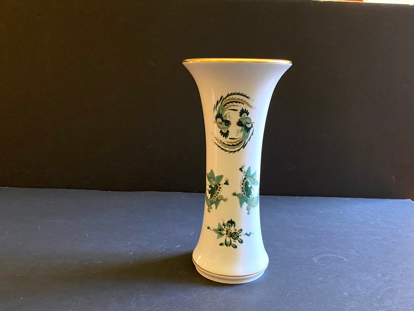 Meissen Reicher Court dragon flute vase, 10 inches high, green dragon and Phoenix motif , gold accent, made in Germany, 1st choice, mint