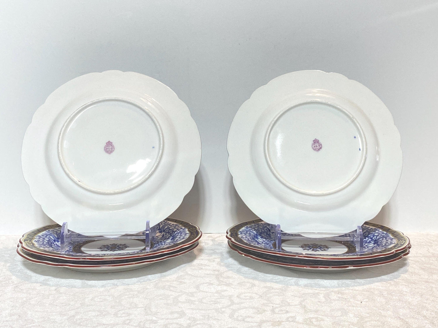 Antique Royal Worcester English Porcelain Blue and White "Royal Lily " salad plates, set of 6, rare scalloped edges,Circa 1906,