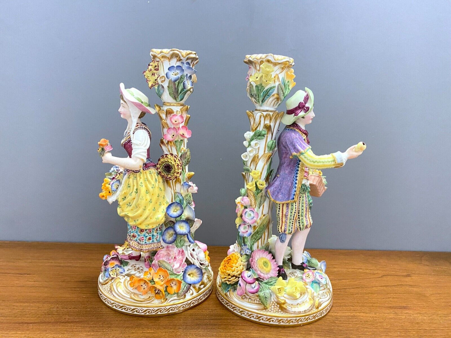 Pair Derby/Chelsea porcelain Figural candlestick, man and woman,18 century, rare