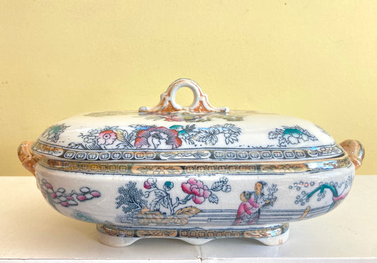 Antique Ashworth LSS Lewis Strauss & Sons covered serving dish in Chinese pattern, ca. 1860