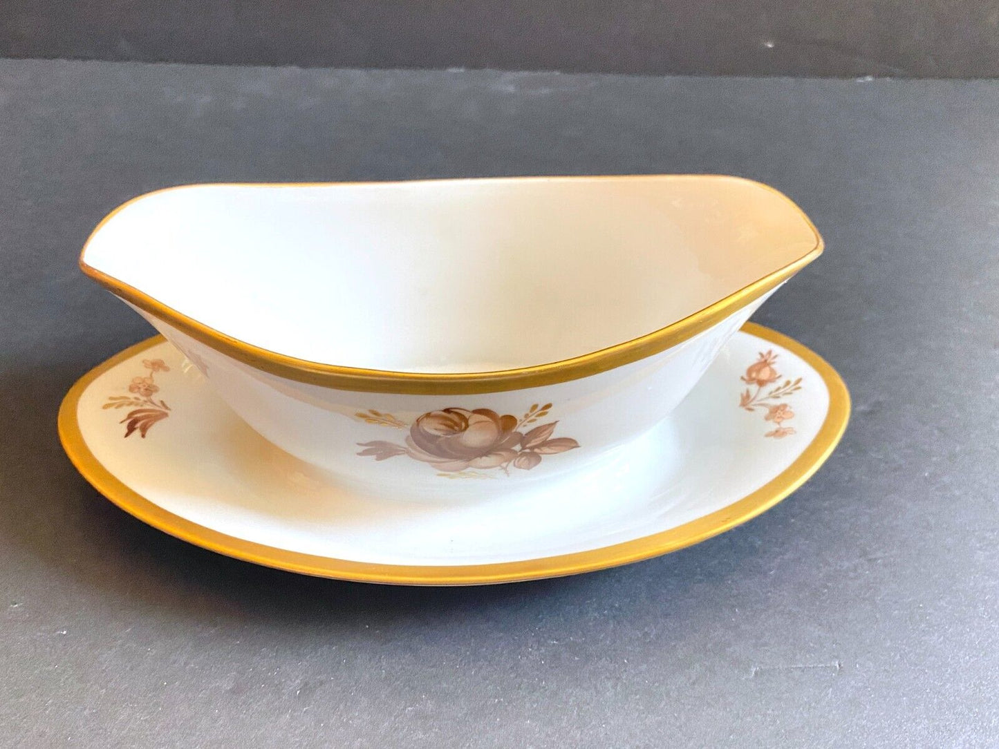 Royal Copenhagen handpainted gilt Brown Rose gravy boat w/ attached underplate