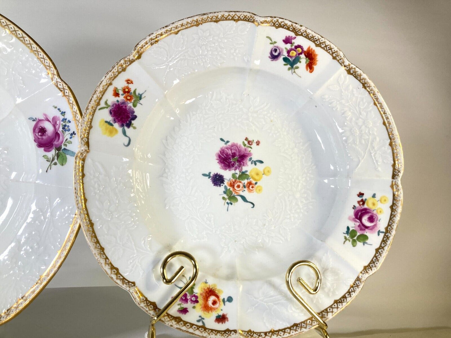 Set of 4 x antique Meissen (1774-1815 ) rimmed bowls, flowers paintings, 1st.