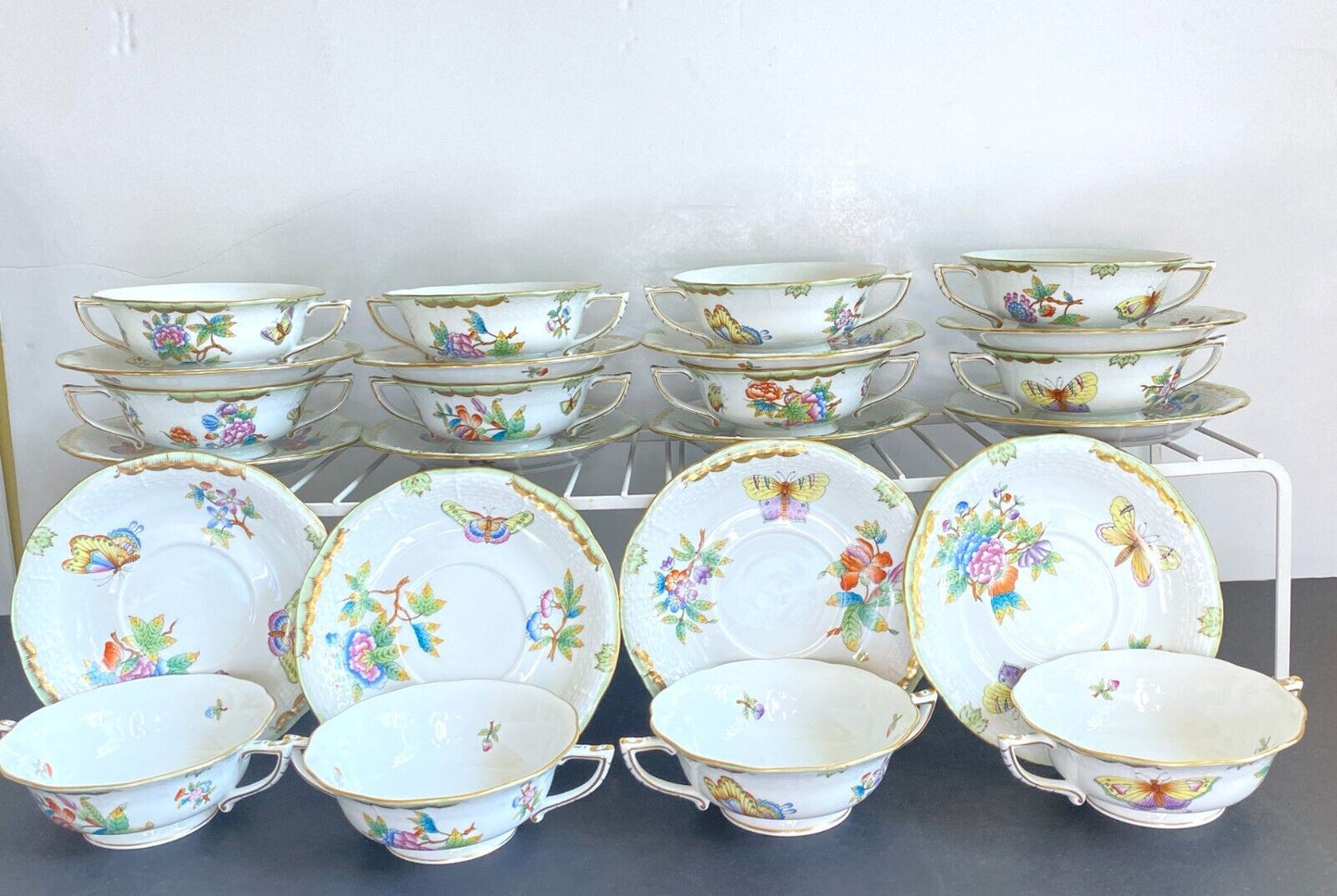 12 sets of Herend "Queen Victoria" bouillon soup bowl & Saucer, #743 VBO, mint