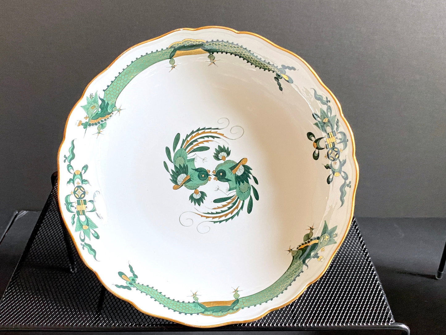 Gorgeous Meissen Rich Court dragon (Green) & Phoenix birds motif serving bowl, gold, 1st quality, excellent!