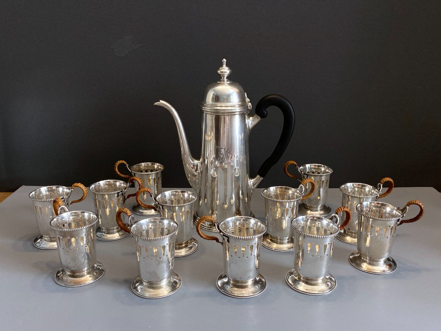 Tiffany Co. Sterling silver coffee pot,12 x Mauser Mfg. Co sterling cup holders