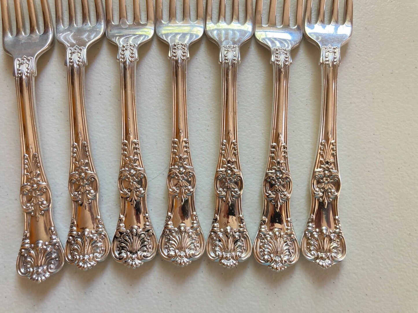 Set 7 Tiffany English King Sterling Silver luncheon Forks 6 7/8 Inches, no mono