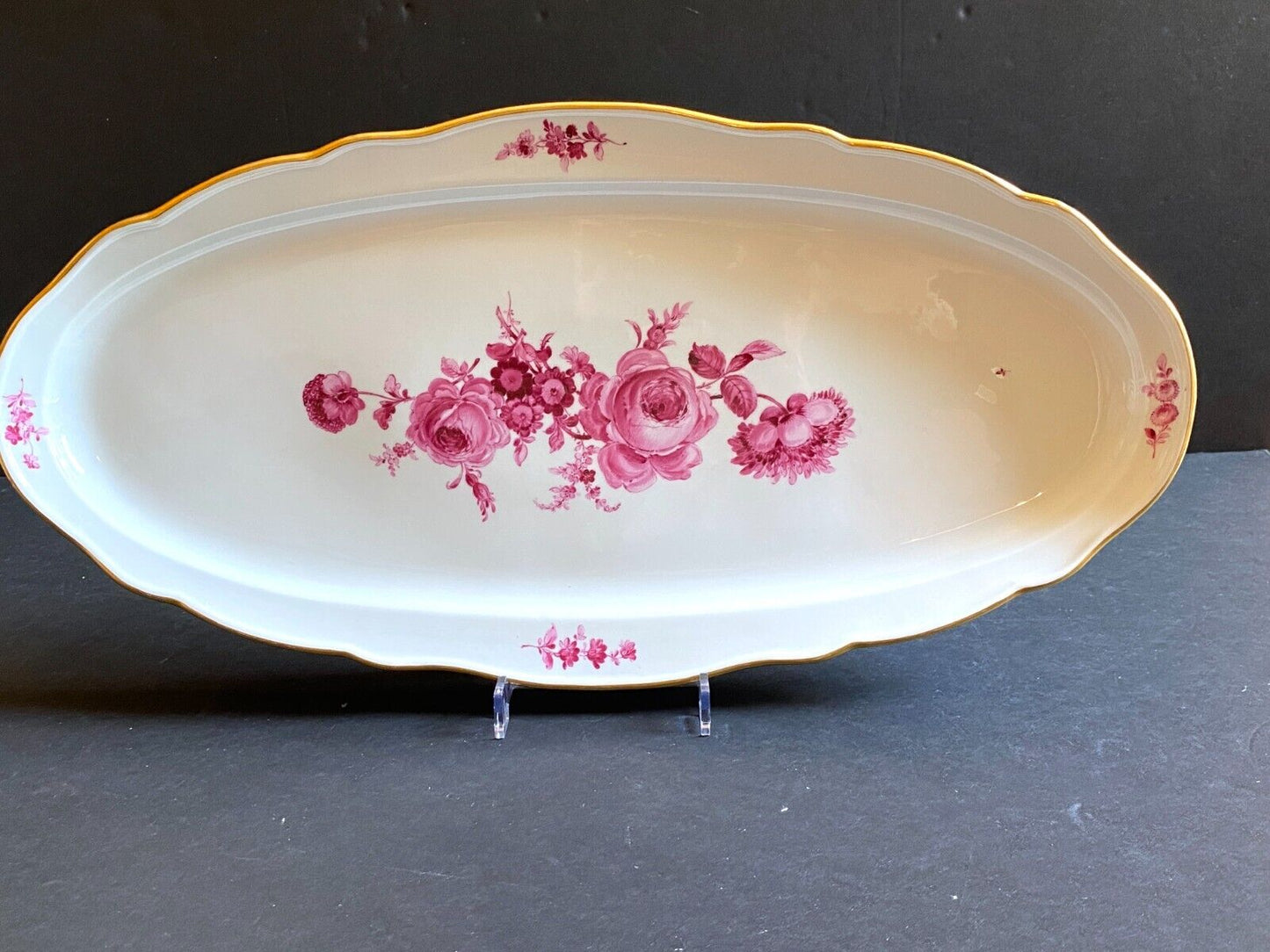 MEISSEN "flower boutique " Purple fish plate, gold rim, 1st quality