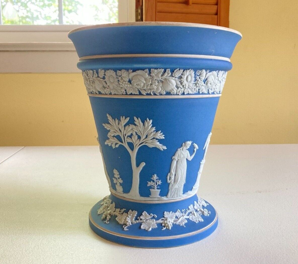 extra large Wedgwood blue Jasperware neoclassical figures vase,8 1/4'' x 7 1/4''