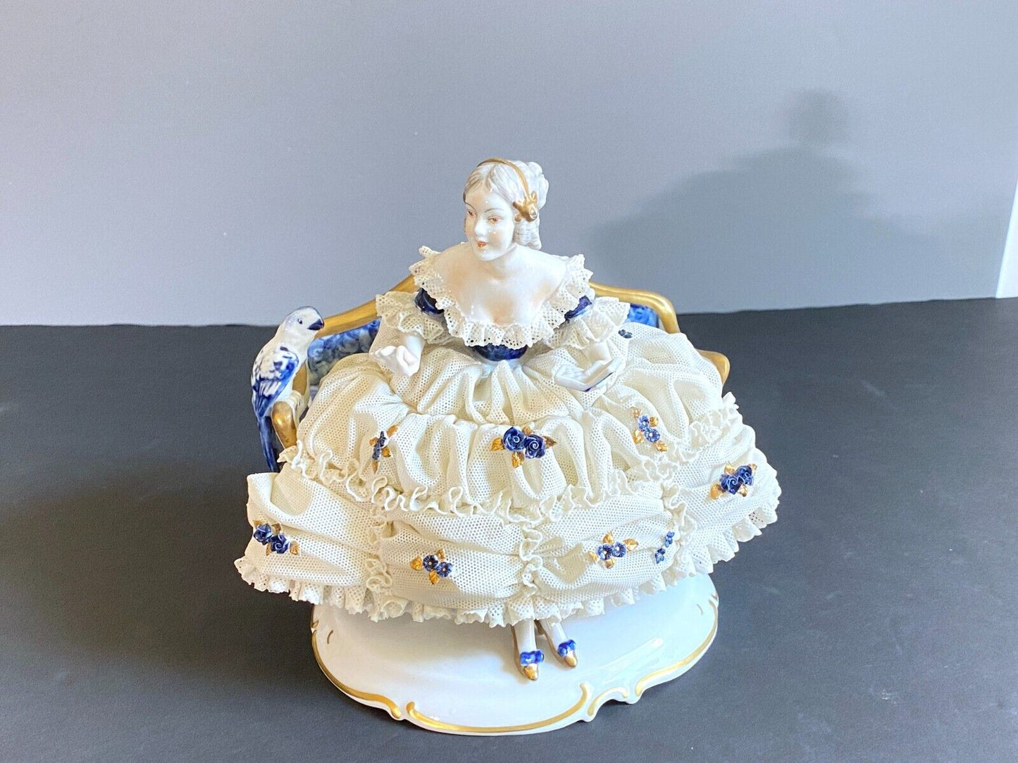 Germany Unterweissbach Porcelain Figural lady in ball gown with lace skirt, FAB