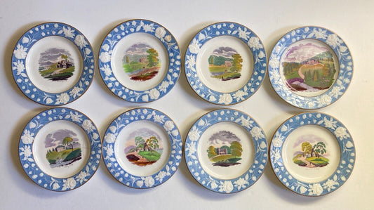 8pcs c.1812-25 New Hall porcelain English village scene 8'' plates, collectible