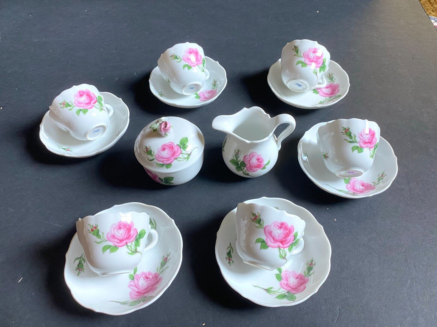 MEISSEN PINK ROSE small Coffee set, coffee cups, sugar bowl,creamer, 1st quality