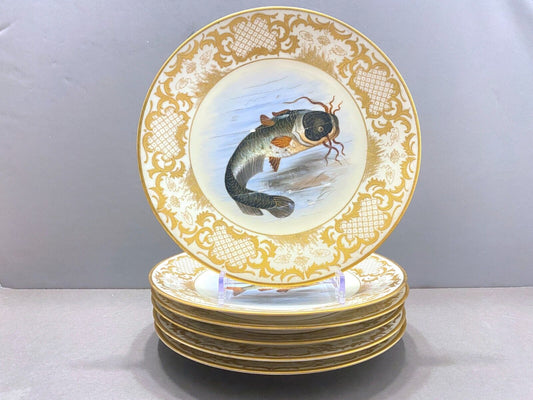 6 x Antique Limoges Imperial Vienna fish plates for Ovington Bro. gold encrusted