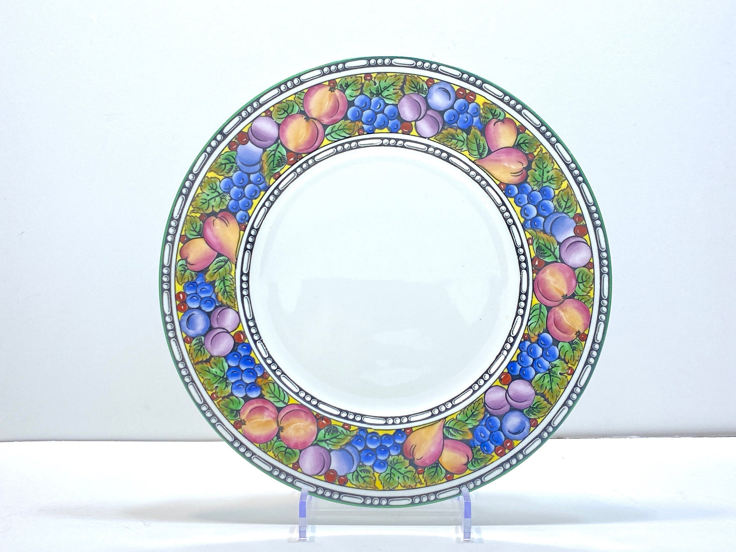 Antique Wedgwood bone china dinner plates, set of 12, fruit border and green rims,10.5/8 inches, circa 1902, excellent