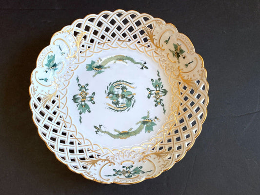 Meissen Reicher Court green dragon &birds pierced center bowl,gold accents, 1st