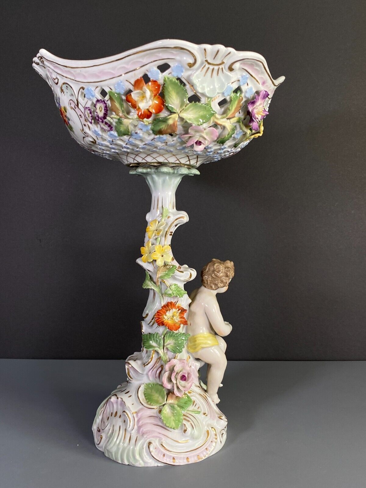 Carl Thieme Potschappel Dresden porcelain floral encrusted Figural centerpiece