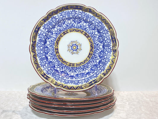 Antique Royal Worcester English Porcelain Blue and White "Royal Lily " salad plates, set of 6, rare scalloped edges,Circa 1906,