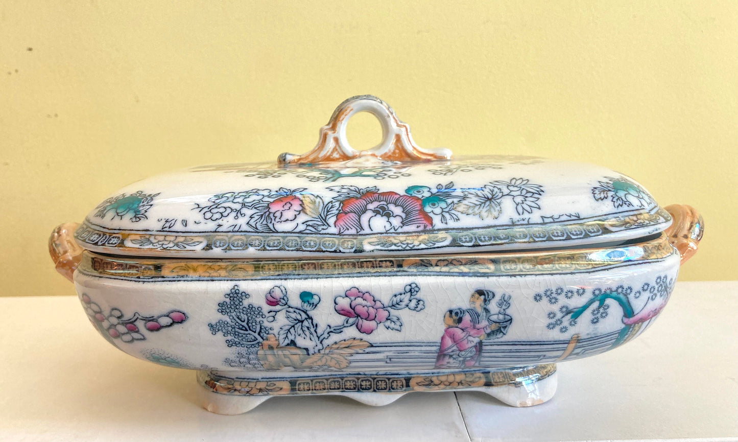 Antique Ashworth LSS Lewis Strauss & Sons covered serving dish in Chinese pattern, ca. 1860