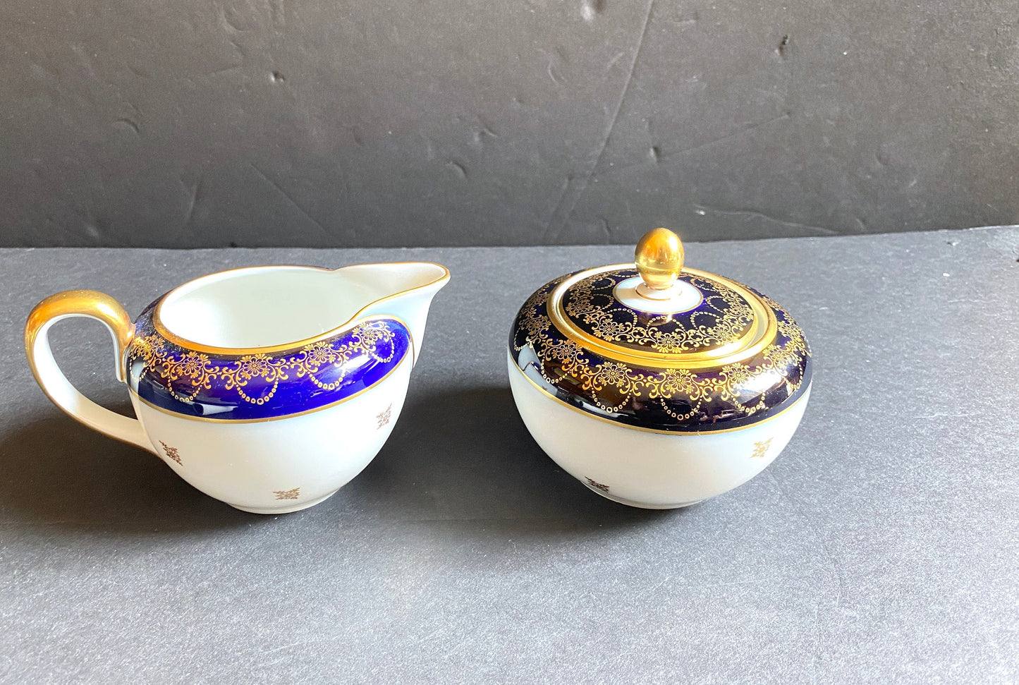 Johann Haviland cobalt blue and gold accent creamer and lidded sugar bowl, ca.1930-50, mint