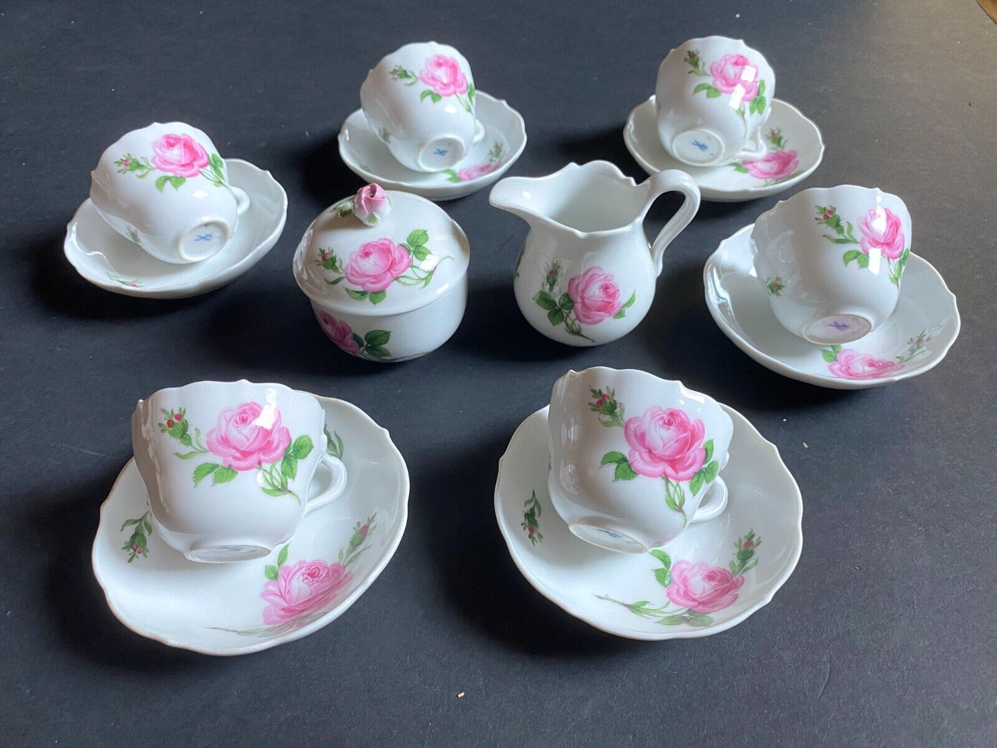 MEISSEN PINK ROSE small Coffee set, coffee cups, sugar bowl,creamer, 1st quality