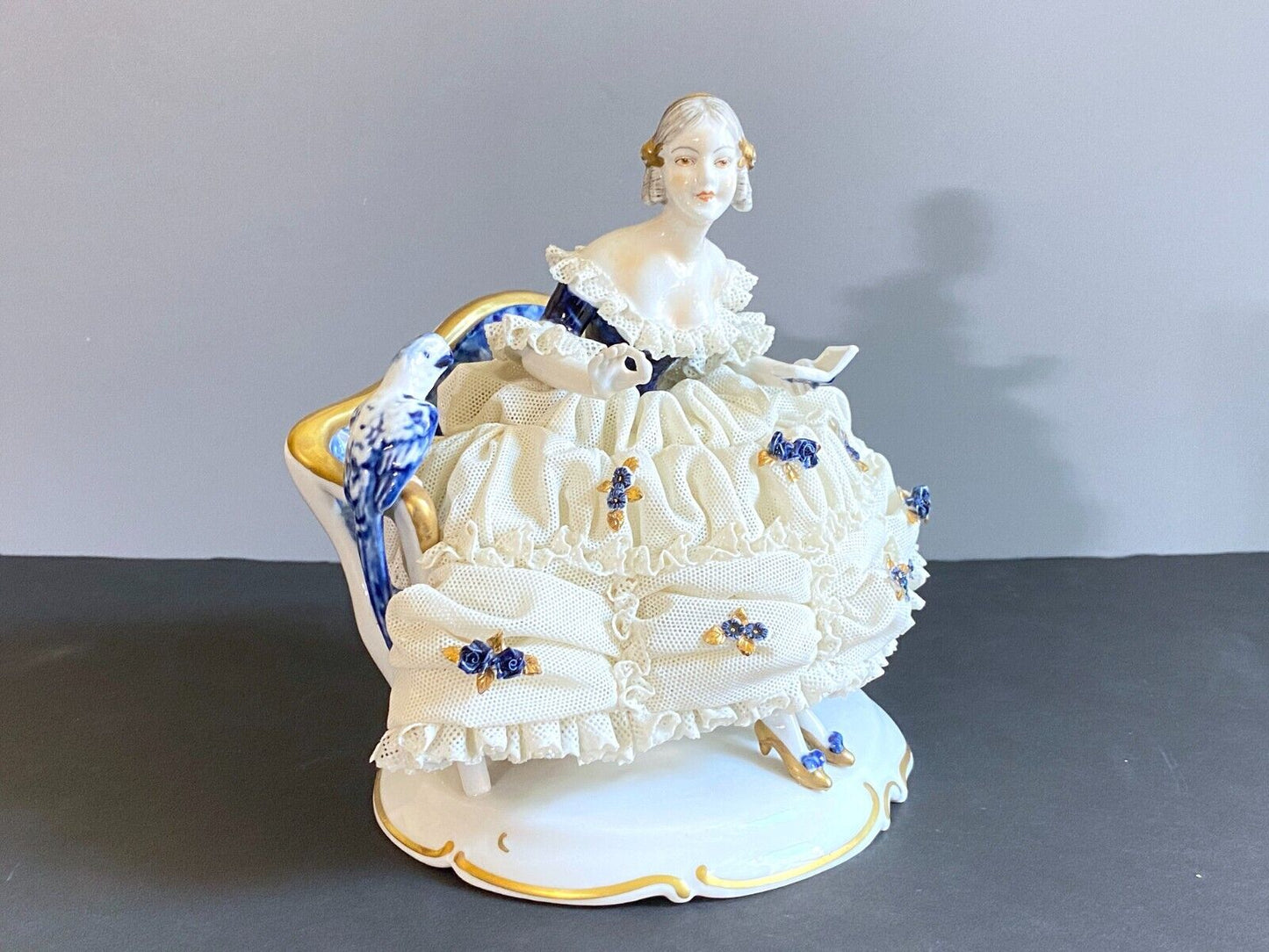 Germany Unterweissbach Porcelain Figural lady in ball gown with lace skirt, FAB