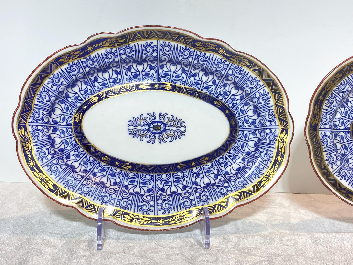 Pair Royal Worcester English Porcelain Blue and White "Royal Lily " oval serving platters, 12.5'' W, rare scalloped edges,Circa 1906