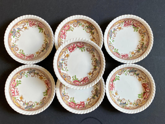 JOHNSON BROTHERS England Ironstone Devonshire pattern Fruit/Dessert (Sauce) Bowls, set of 7, brown multicolor, excellent condition