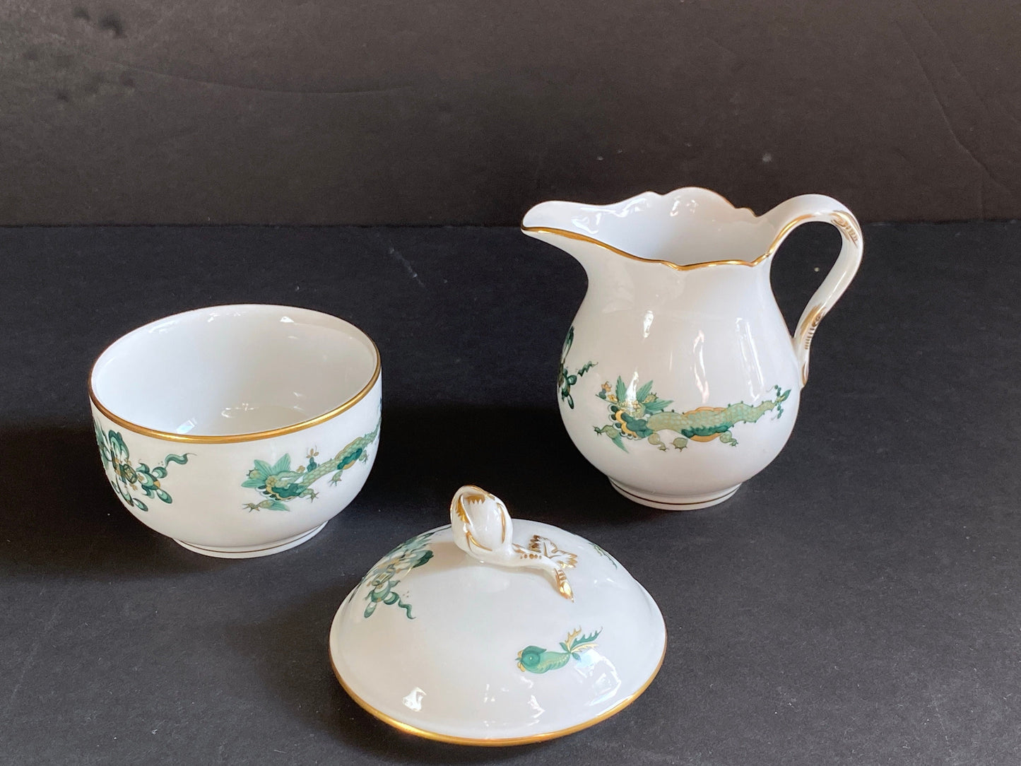 Meissen Reicher Court dragon (Green) & Phoenix birds small /demitasse coffee pot, creamer, lidded sugar bowl, gold, 1st quality, exquisite