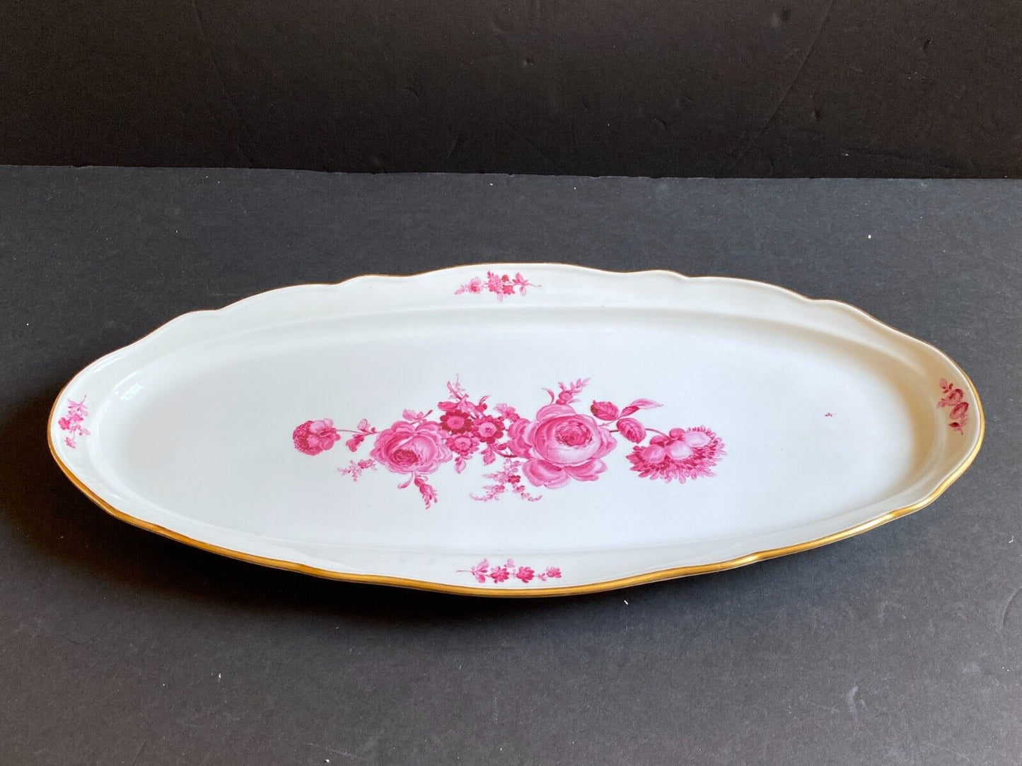 MEISSEN "flower boutique " Purple fish plate, gold rim, 1st quality