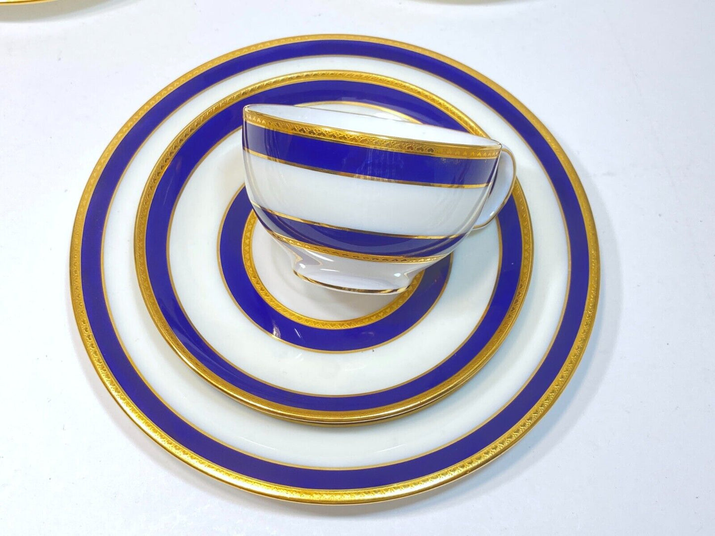 Set of 12 Tiffany & Co Mintons dessert set, blue band and gold accent, ca.1900s