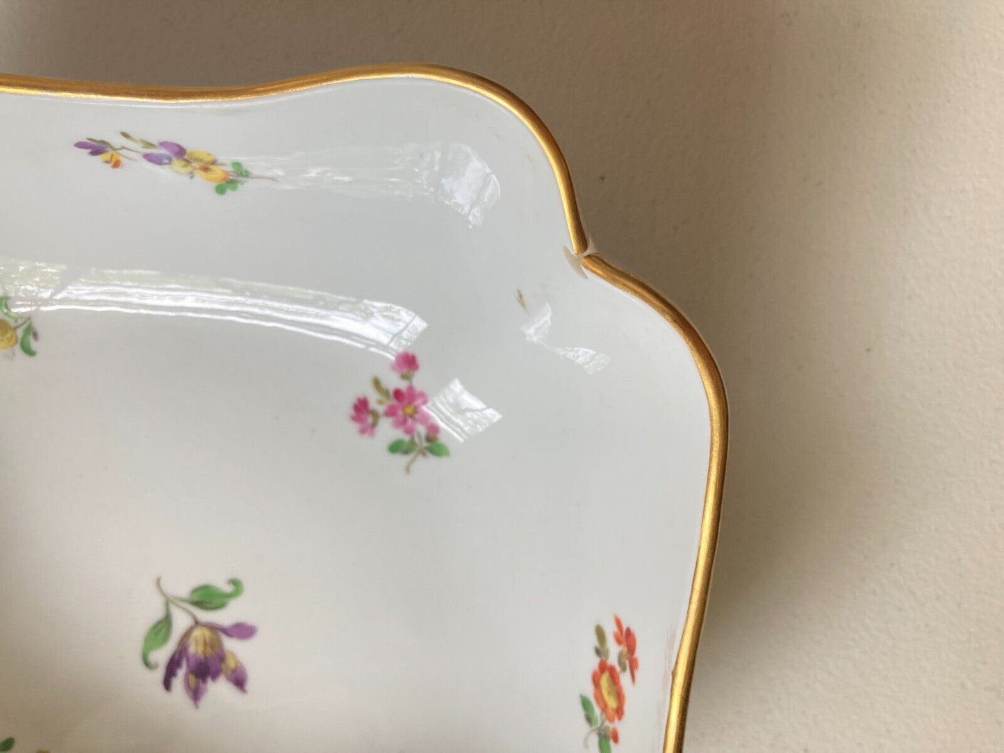 Meissen (1924-1934) large scalloped square serving bowl, gold rim, flora motif