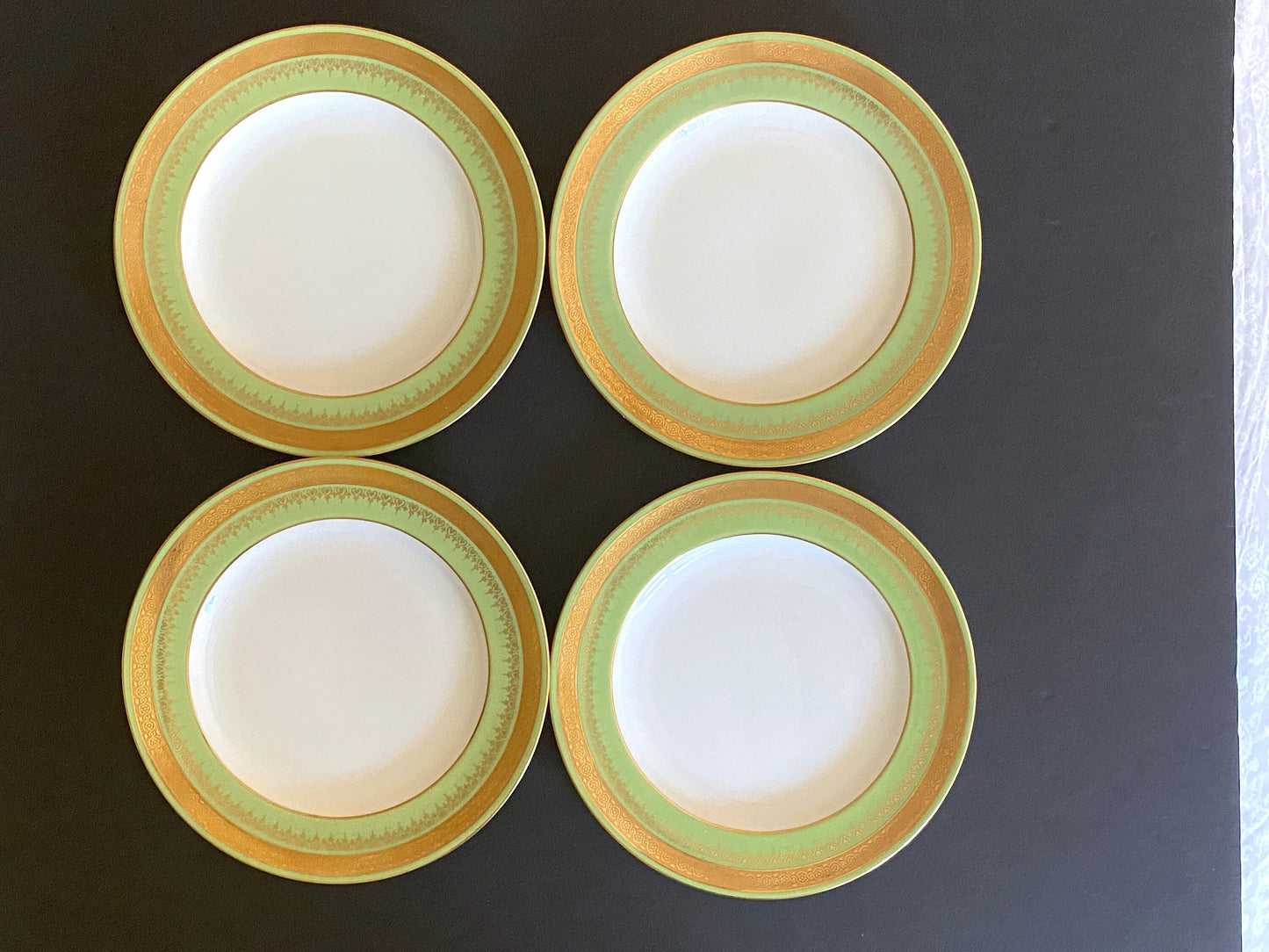 Antique Wedgwood dessert plates, set of 11, gold encrusted green border, 7 inches, bone china, circa 1900s, excellent