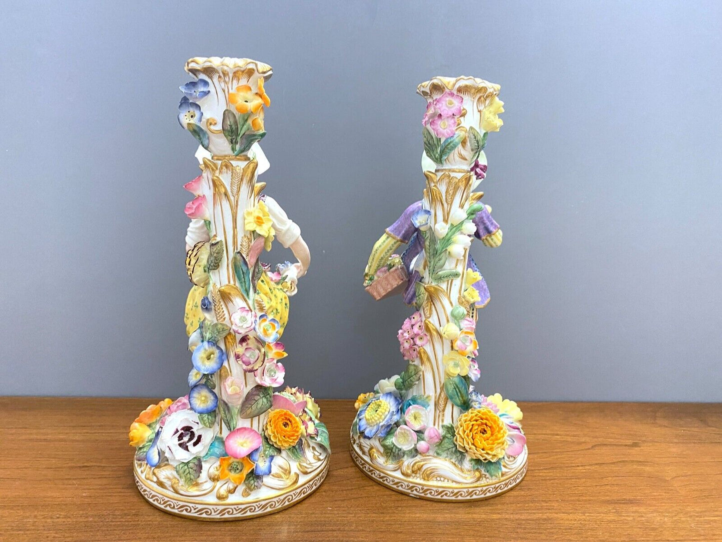 Pair Derby/Chelsea porcelain Figural candlestick, man and woman,18 century, rare