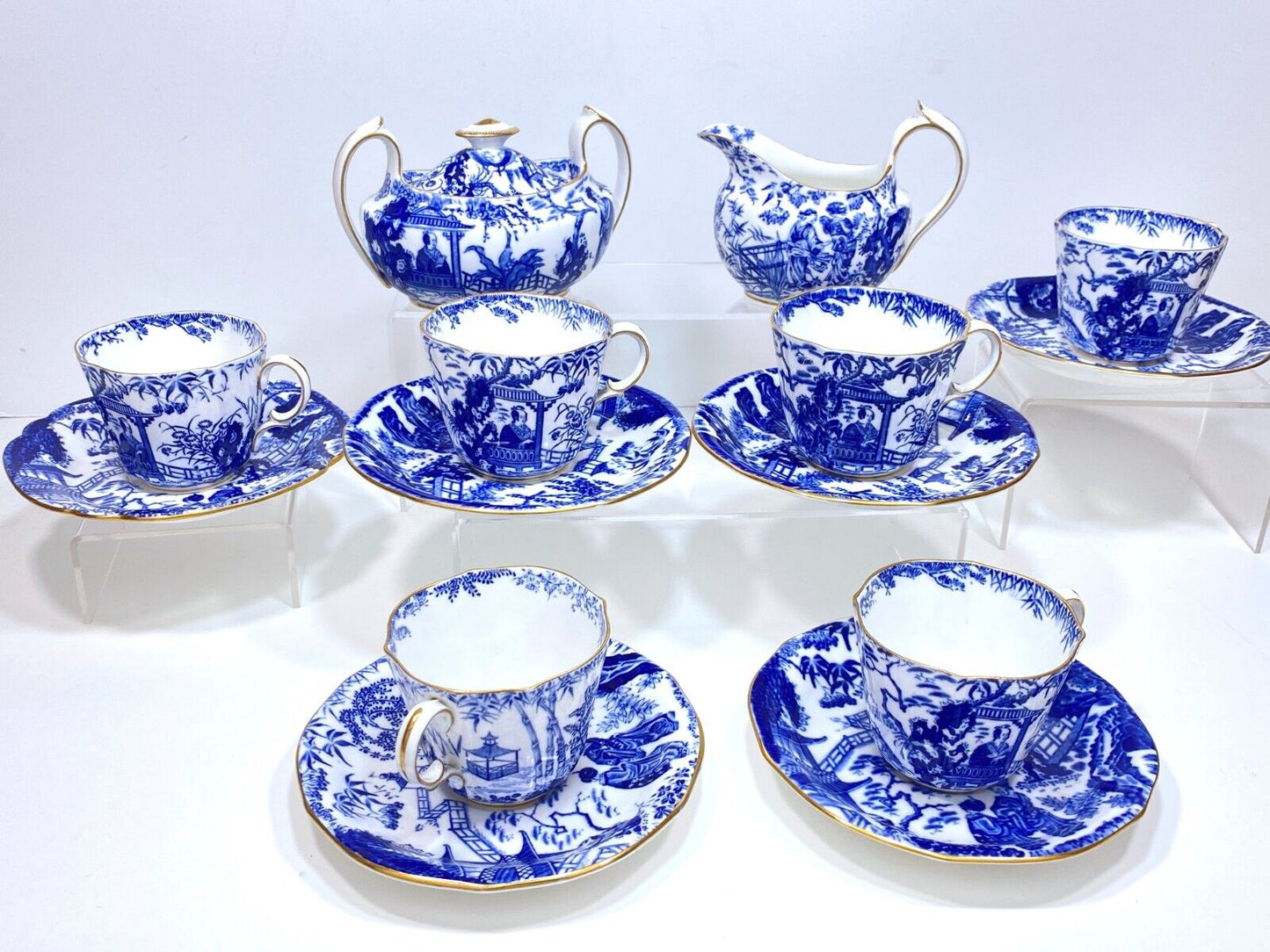 Royal Crown Derby "Mikado" bone china coffee set w/plates, blue and white, 20pcs