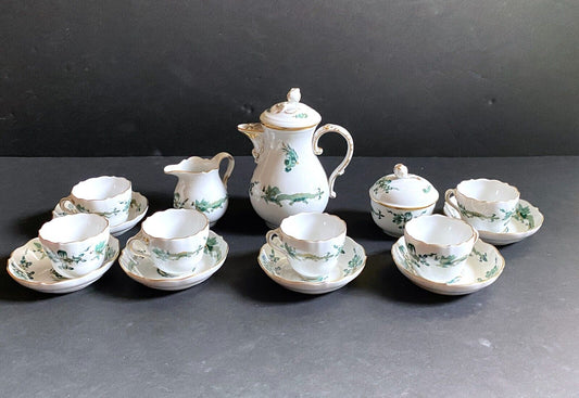 Meissen Reicher Court green dragon & bird mocha coffee service, MINT, 1st