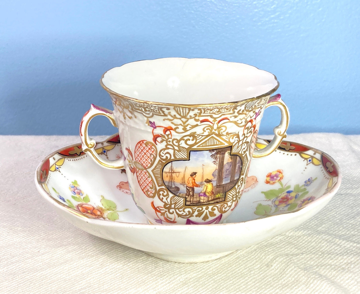 Rare! Meissen Augustus Rex "AR" mark for Helena Wolfsohn Nautical cup and Carl Thieme Quatrefoil saucer, ca.1800s, gold accent