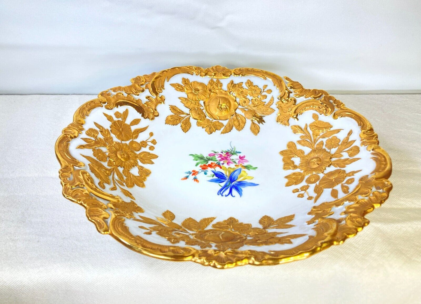 Meissen 24k gold floral relief moulded splendor bowl, 12'' D, ca.1867