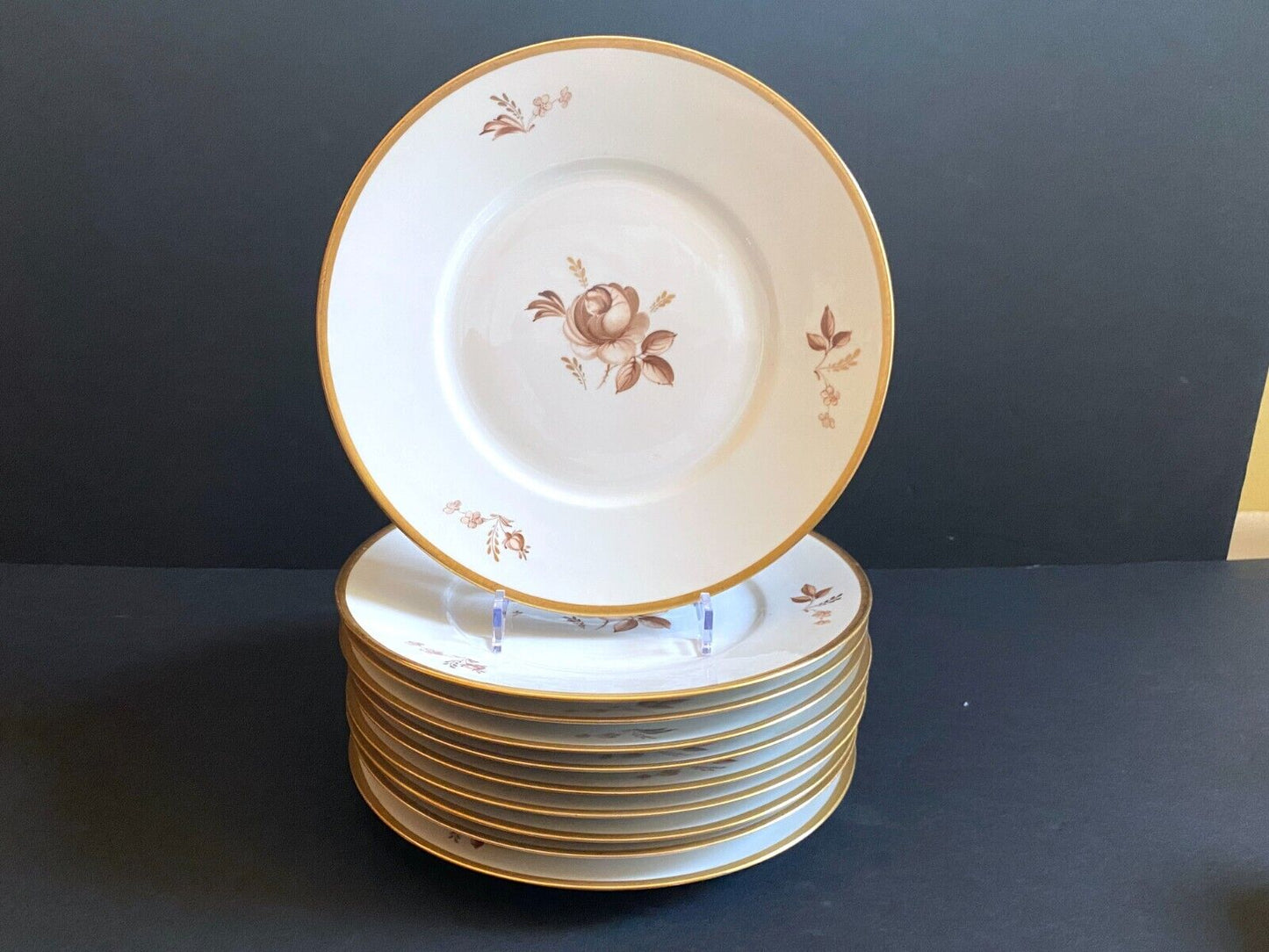 Set 12 Royal Copenhagen Brown Rose bread plates, gold trim, 6 1/4 '', c. 1945