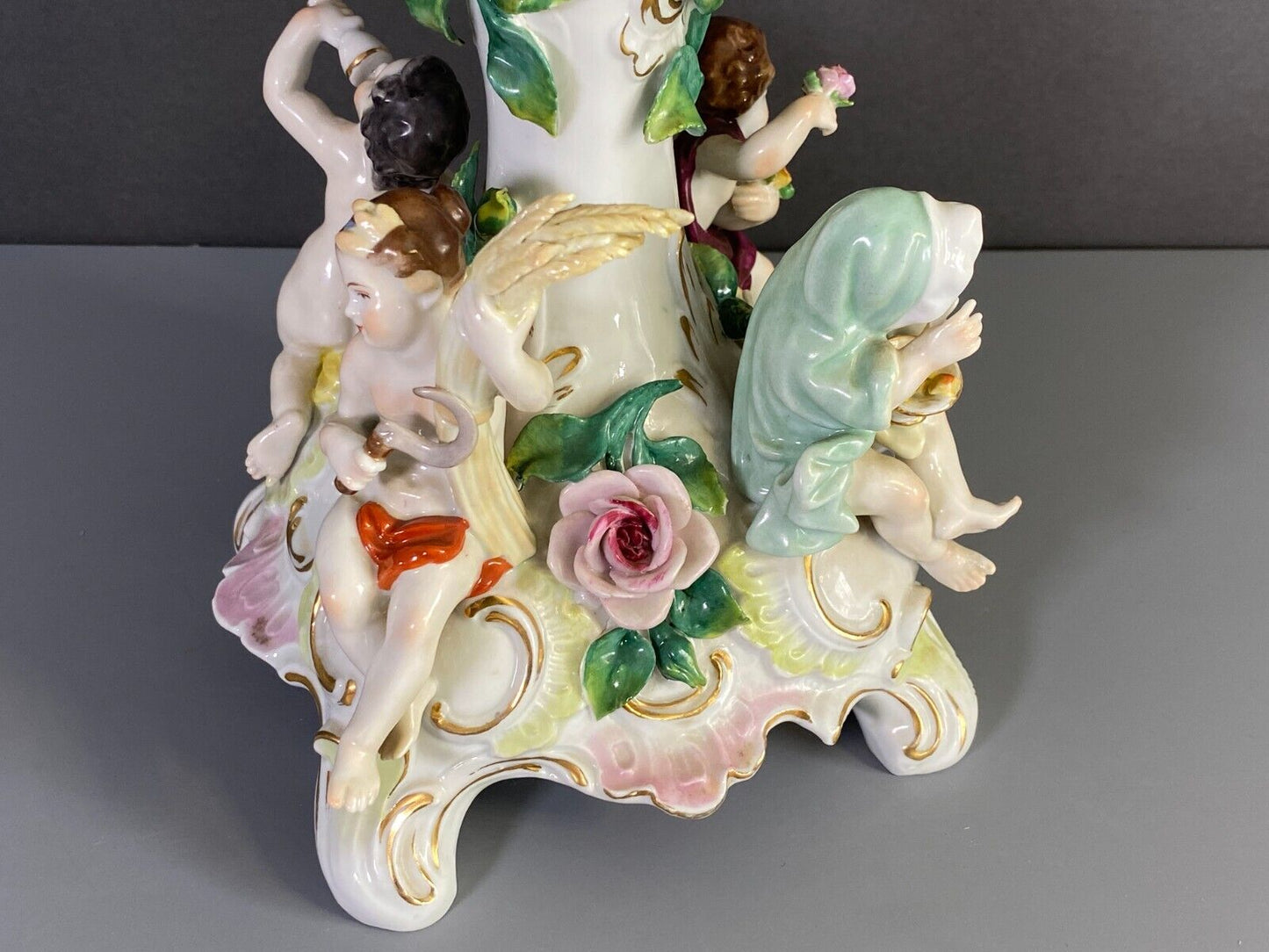 C.1915Germany Volkstedt Dresden porcelain floral encrusted Figural centerpiece.