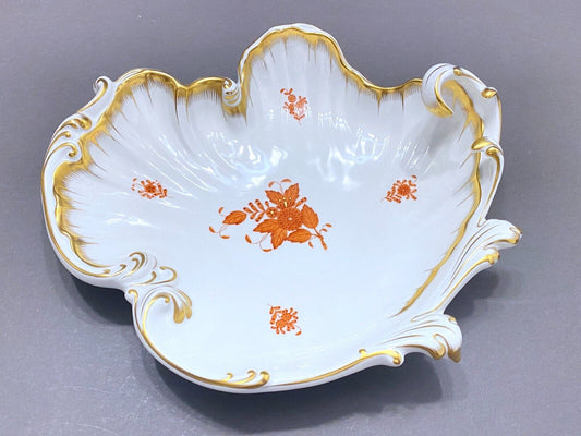 Herend Chinese Bouquet Rust (Apponyi Orange) LARGE Rococo /Wave/leaf dish, NICE