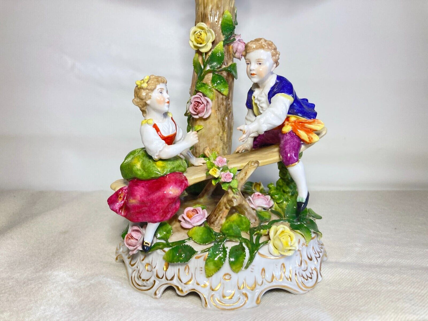 Germany Von Schierholz porcelain figural centerpiece w/ encrusted flower motif