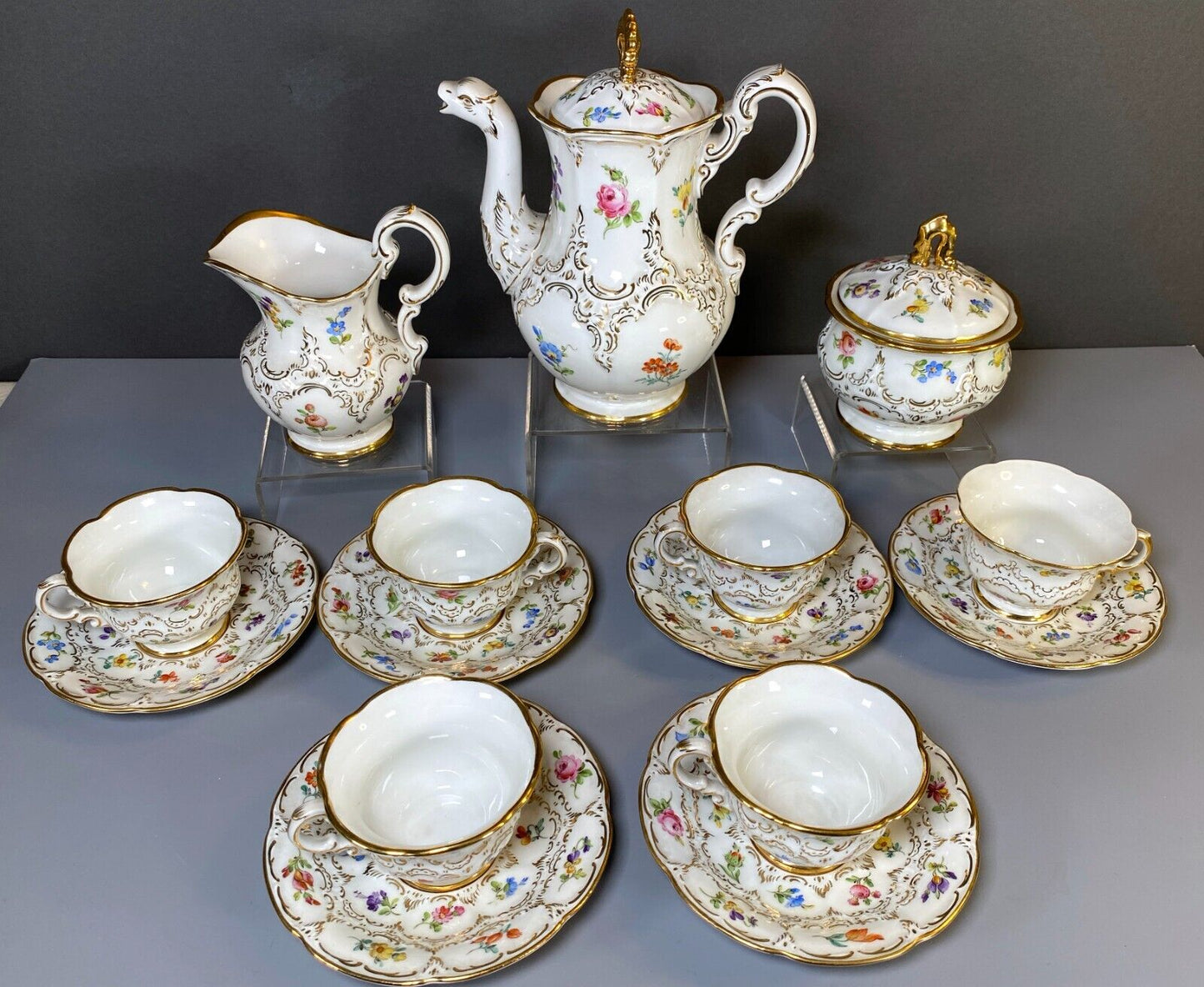 Meissen B shape coffee set for 6, scattered and 24k gold encrusted,1st quality