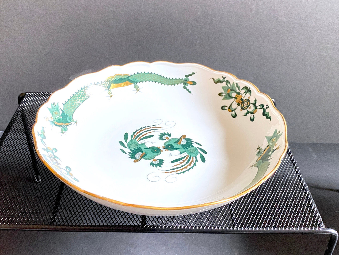 Gorgeous Meissen Rich Court dragon (Green) & Phoenix birds motif serving bowl, gold, 1st quality, excellent!