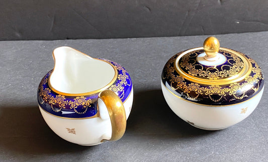 Johann Haviland cobalt blue and gold accent creamer and lidded sugar bowl, ca.1930-50, mint