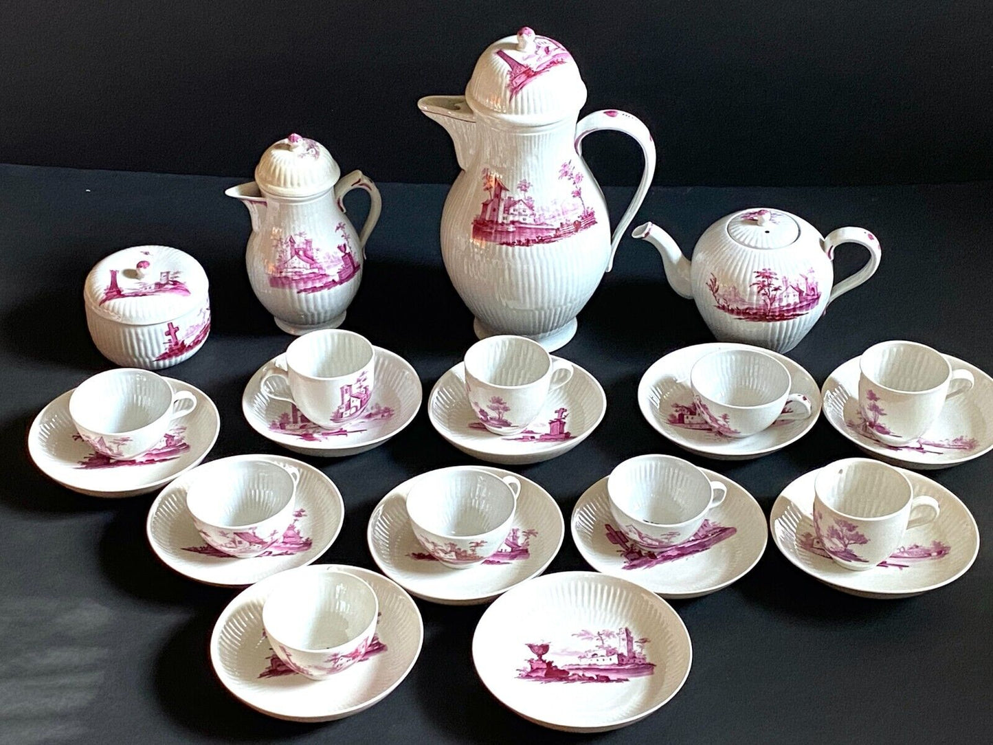 18th C. German Gotha Thuringia porcelain puce country scenes Tea/coffee service